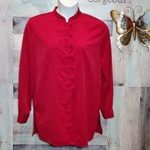 Vintage Sz M Michele Leslie Dark Red Button Front Long Sleeve Blouse Nerdy Geek